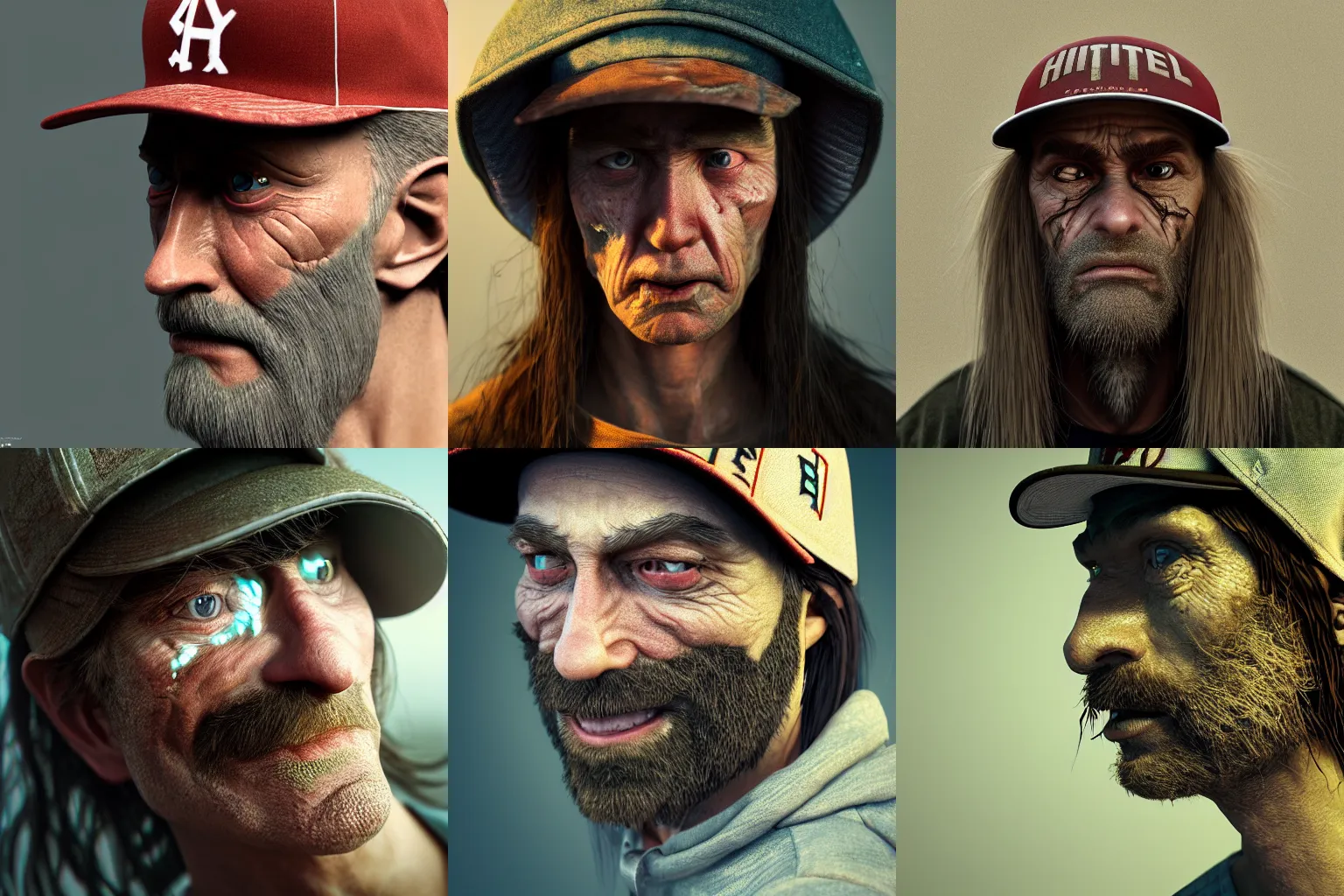 Prompt: incredibly realistic, too detailed face of unhinged hermit, baseball cap, messy mullet, octane render, bump mapping, macro image, global illumination, 8 k, bokeh, enki bilal, yuji himukai, jen zee, peter mohrbacher