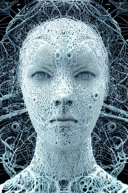 Image similar to a melancholic realistic 8k Sculpture of a complex robotic human face, liquid simulation, bright psychedelic colors, dramatic lighting, hexagonal mesh wire, filigree intricate details, cinematic, fleshy musculature, white blossoms, elegant, 50mm lens, DOF, octane render, art nouveau, 8k post-processing, intricate art by Frank Lloyd Wright