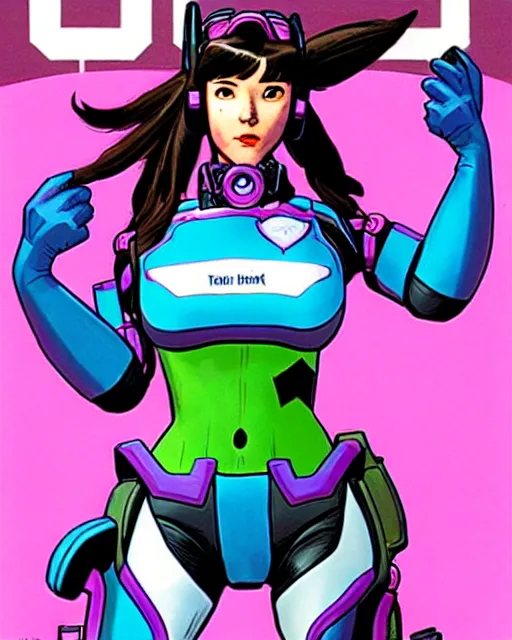 Image similar to d. va from overwatch, comic book cover, in the style of richard corben, dave gibbons, todd mcfarlane, bernie wrightson