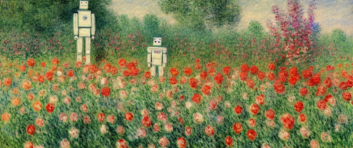 Image similar to a robot standing on flower garden looking small with many kinds flower arround him, watercolor art, 1 8 8 0 s, calude monet style, colorfule, hd, uhd