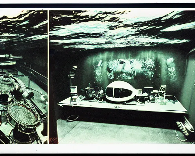 Image similar to wide angle, under water deep sea laboratory, at night, lo fi, polaroid 6 0 0, 1 9 7 5 lightning, vintage science fiction, aquatic plants, colorful swirls of paint, movie set, film noir