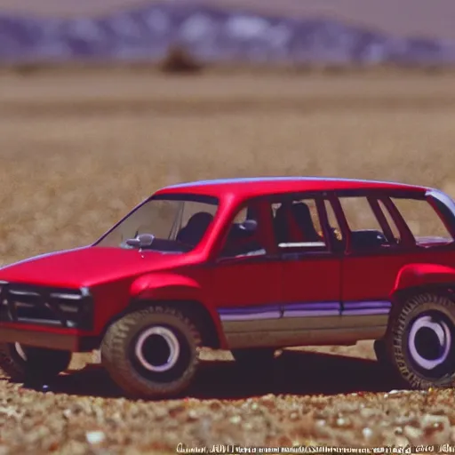 Image similar to 3 5 mm photo of metallic red aztek car like hot wheels model in area 5 1 as background