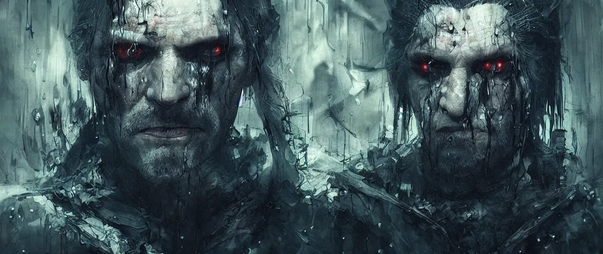 Image similar to portrait of the unseen elder vampire from witcher 3 by emil melmoth zdzislaw beksinki craig mullins yoji shinkawa realistic render ominous detailed photo atmospheric by jeremy mann francis bacon and agnes cecile ink drips paint smears digital glitches glitchart