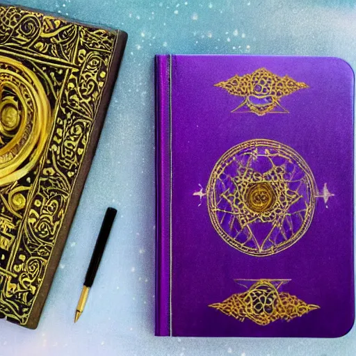 Image similar to a purple spell book with ornate filagree of imbued metal and gold sitting on top of a cloud with a space background