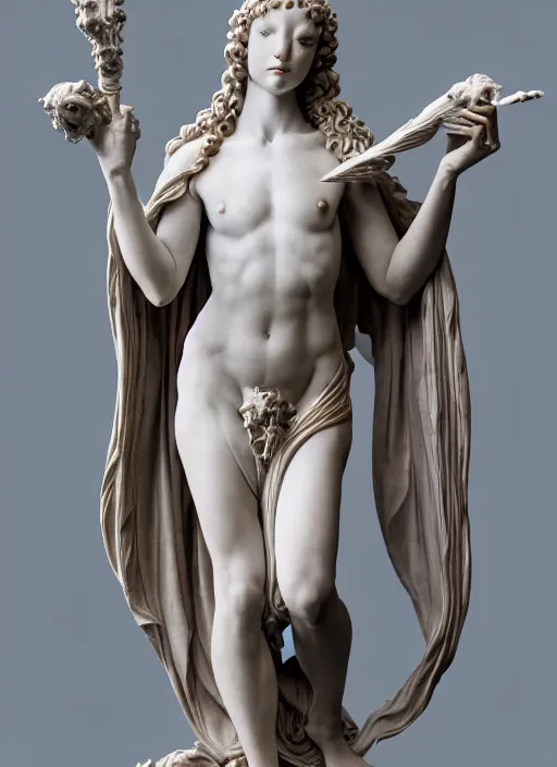 Prompt: medieval female guardian, elegant, filigree renaissance sculpture from marble and fur, brilliant symmetry, created by verrocchio andrea, leonardo da vinci, sandro botticelli, raffaelle monti, epic 7 0 mm lens shot, artstation trending, photorealism, sharp focus, smooth, establishing shot, sense of awe