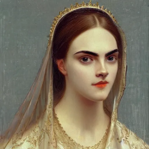 Prompt: a portrait painting of Cara Delevingne without makeup, she has thin eyebrows by Edmund blair leighton