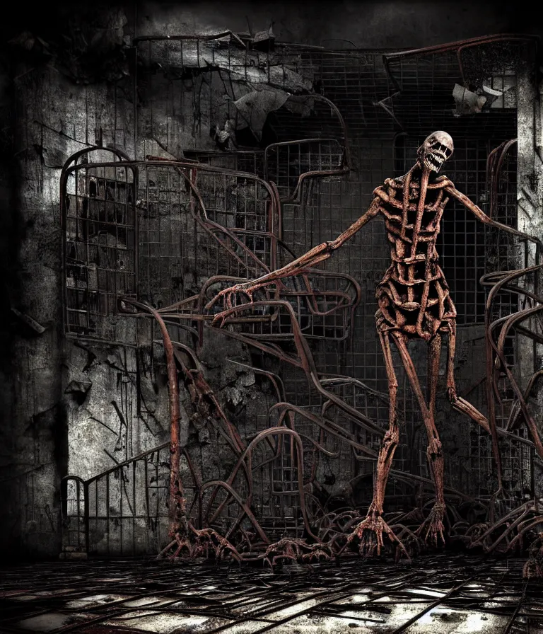 Image similar to Creepy huge suffering humanoid with long limbs sits on the floor and looks at the little old TV. An underground very dark gloomy multi-layered structure of rusty thick iron grates, dense chain-link fencing and peeling walls. Inside view, collapsed floors, bent rusted iron, masterpiece, black background, corners, cinematic, hyperdetailed, photorealistic, hyperrealism, octane render, 8k, depth of field, bokeh, architecture, shadows, art by Zdzisław Beksiński, Dariusz Zawadzki