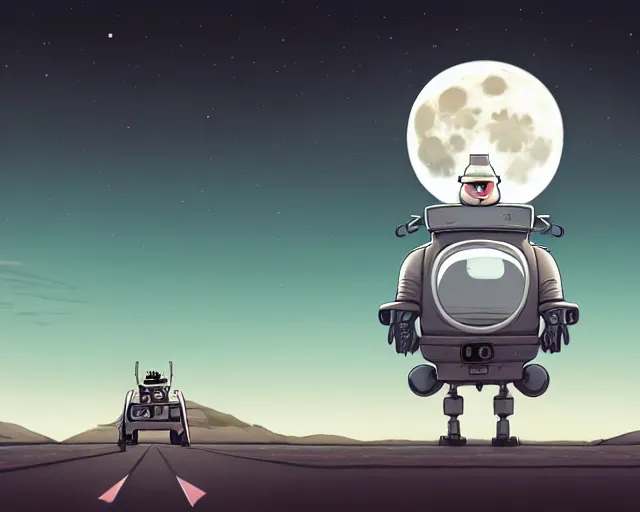 Image similar to a cell shaded cartoon grey santa robot, with a big head, on a desert road, wide shot, in front of a big moon, muted colors, post grunge, josan gonzales, wlop, by james jean, victor ngai, hq, deviantart, art by artgem