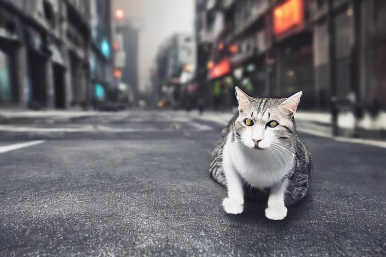 Prompt: professional close-up photo of a cat on the busy streets of a dystopian futuristic city with pedestrians, 4k, octane render, Unreal Engine