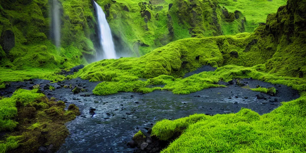 Image similar to photo of a landscape with lush forest, wallpaper, very very wide shot, iceland, new zeeland, green flush moss, national geographic, award landscape photography, professional landscape photography, waterfall, stream of water, small colorful flowers, big sharp rock, ancient forest, primordial, sunny, day time, beautiful