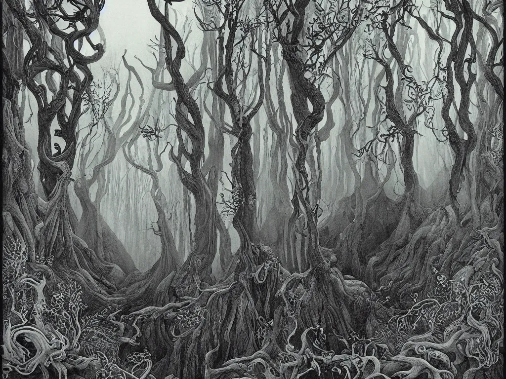 Image similar to ancient forest, artstation, by aubrey beardsley, by caspar david friedrich, by laurie lipton, by kay nielsen, by ivan shishkin, calligraphy, divine, spiritual, paradox, mysterious!, atmospheric, surreal, terrifying, witchcraft!, hope, mountains! background