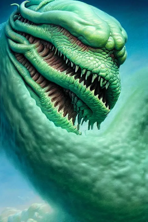 Prompt: hyperrealistic close-up pastel rococo sea monster! highly detailed concept art eric zener elson peter cinematic hard green lighting high angle hd 8k sharp shallow depth of field, inspired by David Paul Cronenberg and Zdzisław Beksiński