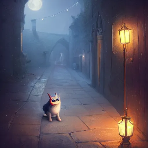 Image similar to Portraiture of Misty-Mitzy the Moon Moggy, huggy wuggy from poppy playtime video game sneaking through the streets of a medieval village at night, glowing lights, oil painting, Greg Rutkowski, Charlie Bowater, Beeple, unreal 5, DAZ, hyperrealistic, octane render, RPG portrait, dynamic lighting, fantasy art, beautiful face