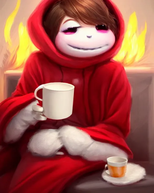 Prompt: concept art of a marshmellow creature girl, holding a cup of hot cocoa, wearing a red robe sitting on a love seat infront of a fire place | | cute - fine - fine details by stanley artgerm lau, wlop, rossdraws, and sakimichan, trending on artstation, brush strokes