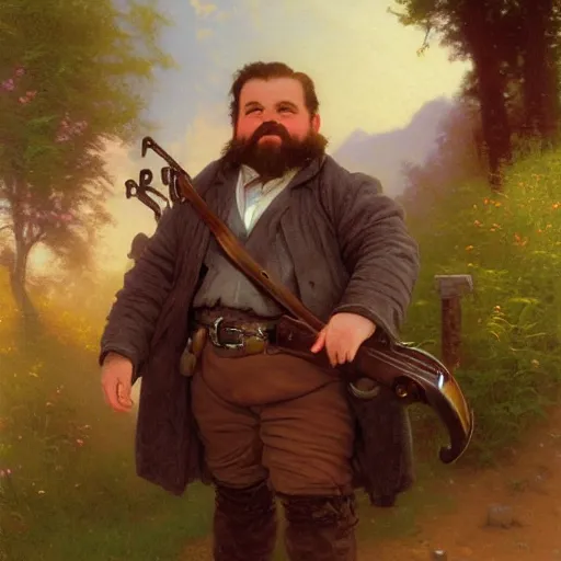 Prompt: detailed portrait painting of a dwarf gunslinger Thomas Kinkade, William-Adolphe Bouguereau and Ted Nasmith, Booru, RPG portrait, fantasy portrait