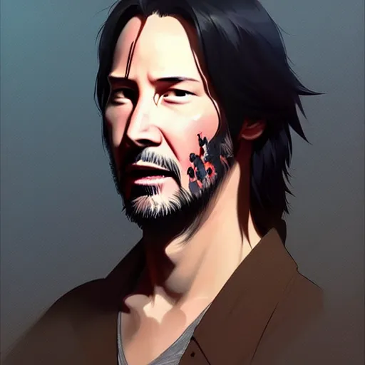 Image similar to keanu reeves brown skin trending on pixiv fanbox, painted by greg rutkowski makoto shinkai takashi takeuchi studio ghibli, akihiko yoshida