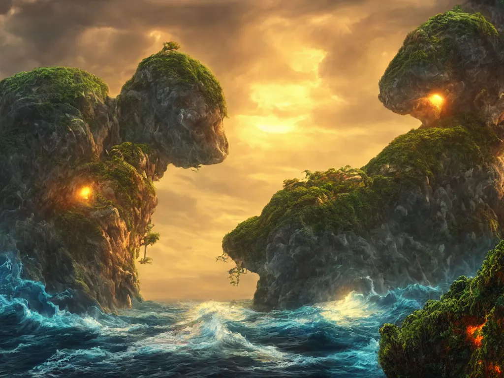 Prompt: flying rocky island, avatar, stormy sea, vines hanging down, cinematic, sunset, hyper-realistic, high resolution, concept art, artstation