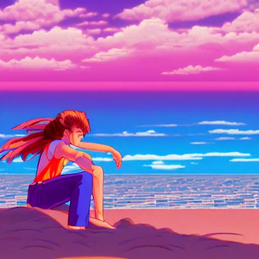 Image similar to girl making a sand castle on the beach, sprite, vaporwave nostalgia, visual novel cg, 8 0 s anime vibe, kimagure orange road, yu - no, initial d, sketch by by osamu tezuka, directed by beat takeshi, wallpaper, ultra hd, vlc screenshot