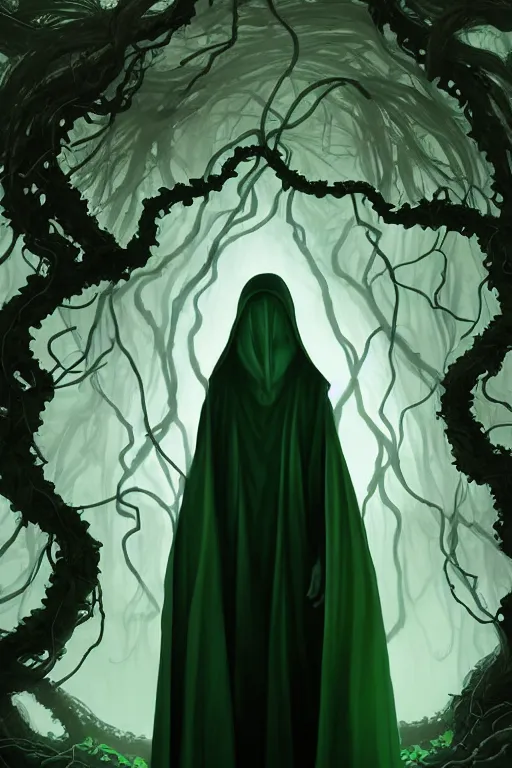 Prompt: A full body portrait of a ghost like character with no face, glowing eyes and a very long hooded dark green cloak of leaves and vines, forest spirits flying in the background art by Shaddy Safadi and Jason Chan, ominous, cosmic horror, trending on artstation, Ultra detailed, hyper realistic 4k