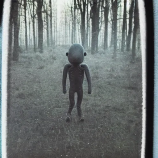 Image similar to old polaroid depicting a grey alien running away from the camera, at a clearing, at dusk