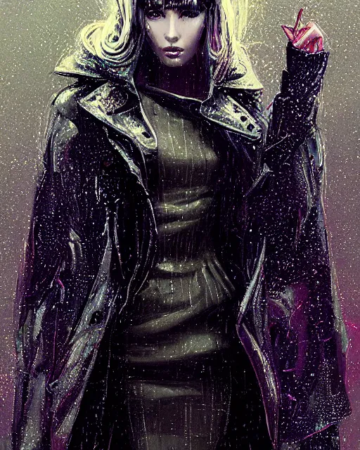 Image similar to detailed European Pretty Young Girl Storm Rain bladerunner movie Jacket coat, Futuristic sci-fi fashion, royal attire, low-emission-neon by ismail inceoglu dragan bibin hans thoma greg rutkowski Alexandros Pyromallis Nekro Rene Margitte illustrated Perfect face, sharp chine, fine details, realistic shaded, fine-face, pretty face