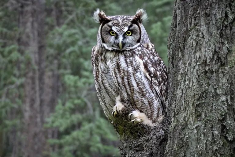 Prompt: wildlife photography of an Owl bear hybrid bear owl by Emmanuel Lubezki