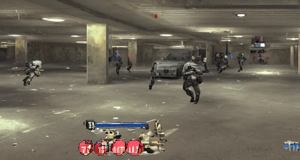 Image similar to 1998 Video Game Screenshot of Neo-tokyo Cyborg bank robbers vs police, Set inside of Parking Garage, Dark, Multiplayer set-piece Ambush, Tactical Squads :10, Police officers under heavy fire, Suppressive fire, Pinned down, Destructible Environments, Gunshots, Headshot, Bullet Holes and Anime Blood Splatter, :10 Gas Grenades, Riot Shields, MP5, AK45, MP7, P90, Chaos, Anime Machine Gun Fire, Gunplay, Shootout, :14 FLCL + Jet Grind Radio, Cel-Shaded:17, Created by Katsuhiro Otomo + Arc System Works: 20