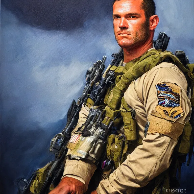 Prompt: portrait of a navy seal soldier, majestic, fine art portrait painting, strong light, clair obscur, by john martin