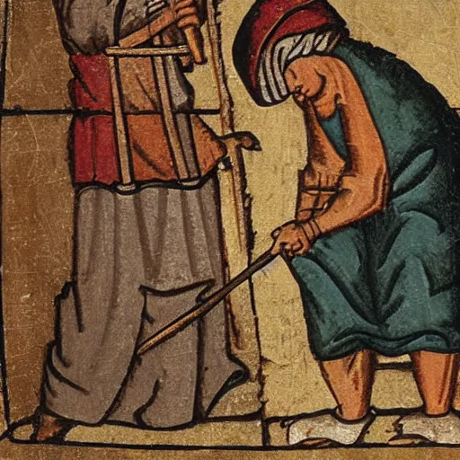 Prompt: medieval peasant wiping off sweat from forehead