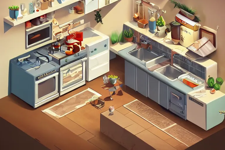 Prompt: cute kitchen, refrigerator, sink, isometric art, bright, artstation, highly detailed, cinematic lighting + masterpiece