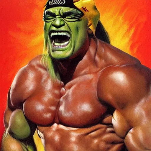 Image similar to wrestler hulk hogan, photorealistic, ring of fire, painted by frank frazetta