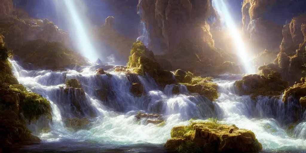 Image similar to creation of the world and heaven with a river of the water of life, clear as crystal, flowing from the throne of god and of the lamb by daniel f. gerhartz and matt stewart and thomas cole, fantasy, photorealistic, octane render, unreal engine, dynamic lighting