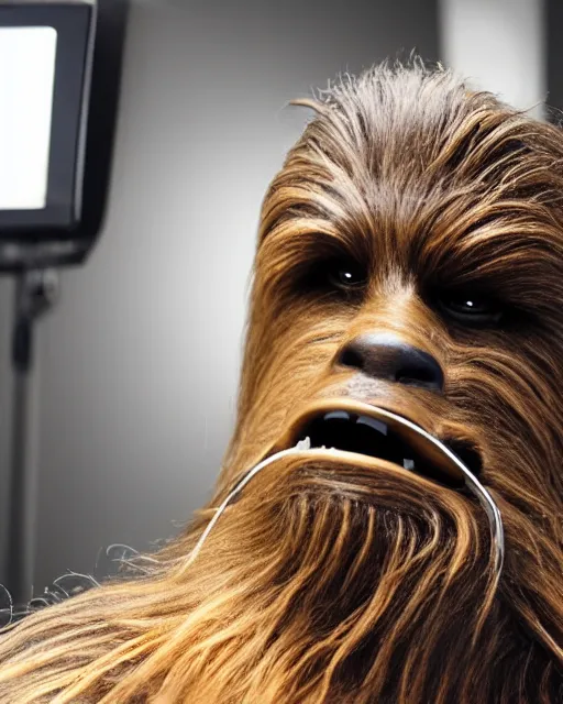 Prompt: Chewbacca shaving his face with a straight razor in front of a mirror