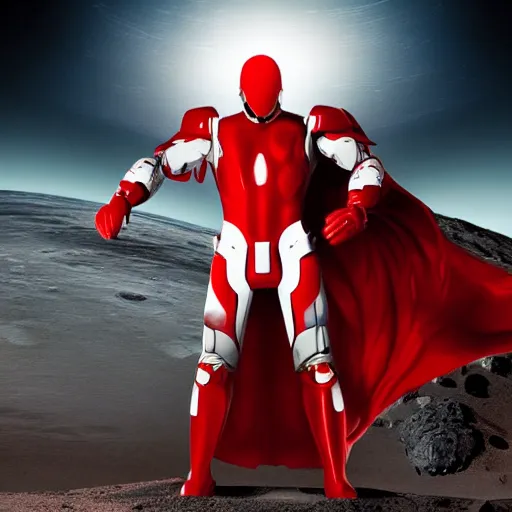 Image similar to portrait of a tall muscular infantry man in glossy sleek white armor with tiny red details and a long red cape, heroic posture, determined expression, on the surface of mars, night time, dramatic lighting, cinematic, sci-fi, hyperrealistic, movie still