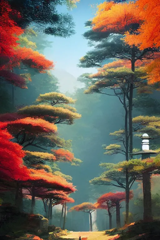 Image similar to Japanese Torii in a colorful moutain with trees ,morning , by Grzegorz Rutkowski, concept art