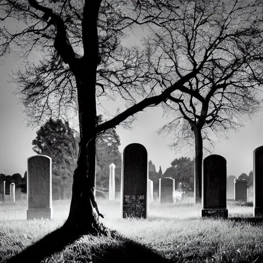 Prompt: haunted cemetery in moonlight, spooky, foreboding