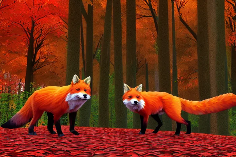 Image similar to super detailed color lowpoly art, red fox in an autumn maple forest, unreal engine, retrowave color palette, 3 d render, lowpoly, colorful, digital art, perspective