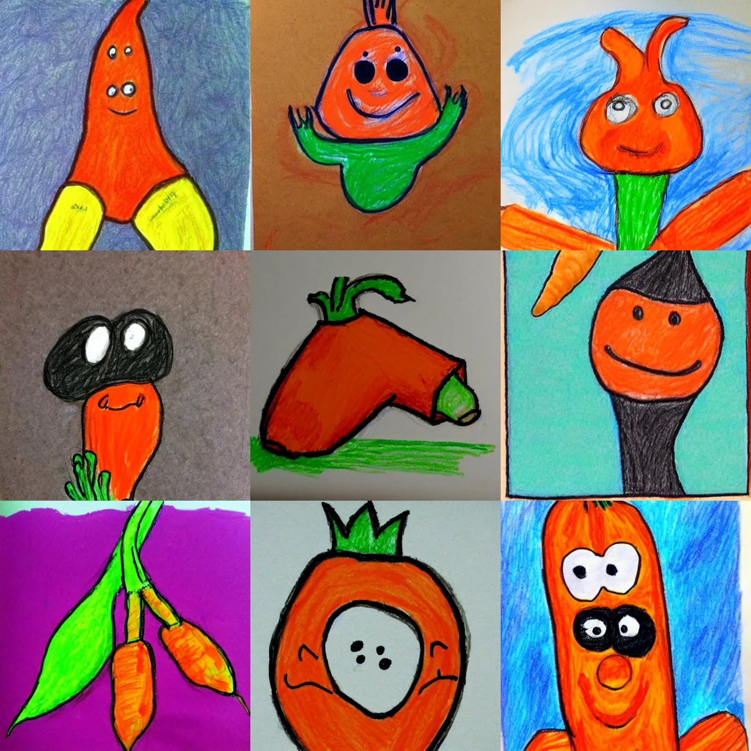 Prompt: children's crayon drawing of a carrot that is scary.