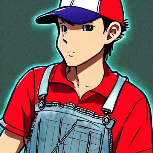 Image similar to Anime Hillbilly American protagonist wearing overalls and a baseball cap, concept art, highly detailed, high quality