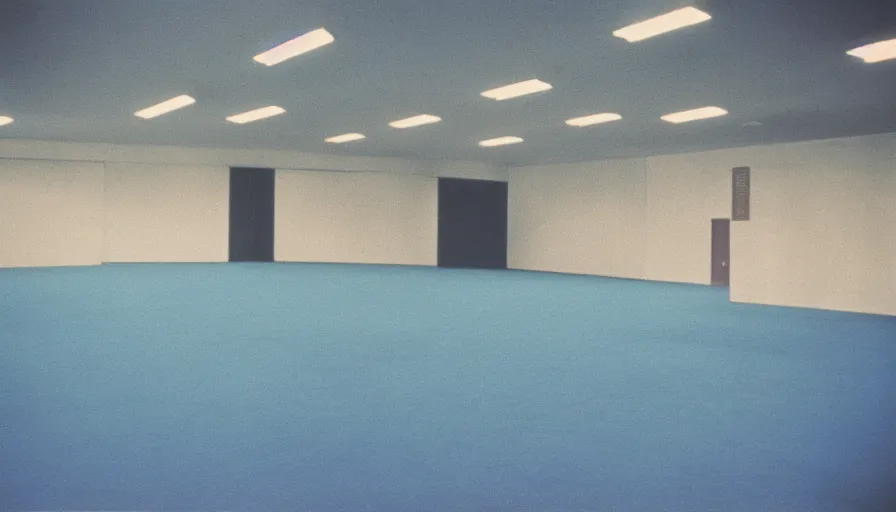 Image similar to 60s movie still of a sovietic stalinist style empty ballroom with blue beds, cinestill 800t 50mm eastmancolor, liminal Space style, heavy grain, flash-s 150