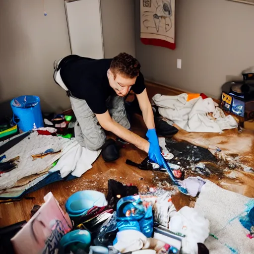 Image similar to photo of jordan peterson cleaning his messy room, 55mm photography, f/1.3