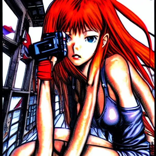 Image similar to Asuka Langley by masamune shirow, highly detailed, action, intricate background details, existentialism and posthumanism.