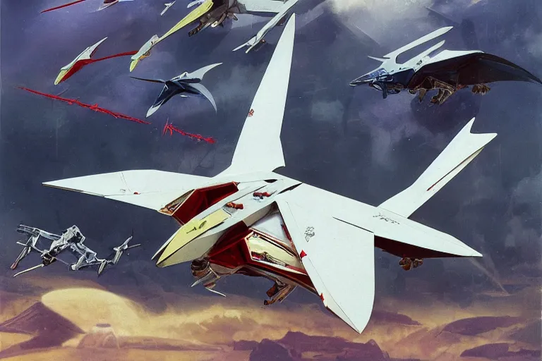 Image similar to a pteranodon mecha fighter, white john berkey armor panels, wine-red trim, skull insignia, robotech styling with Kanji markings, boeing concept art painting