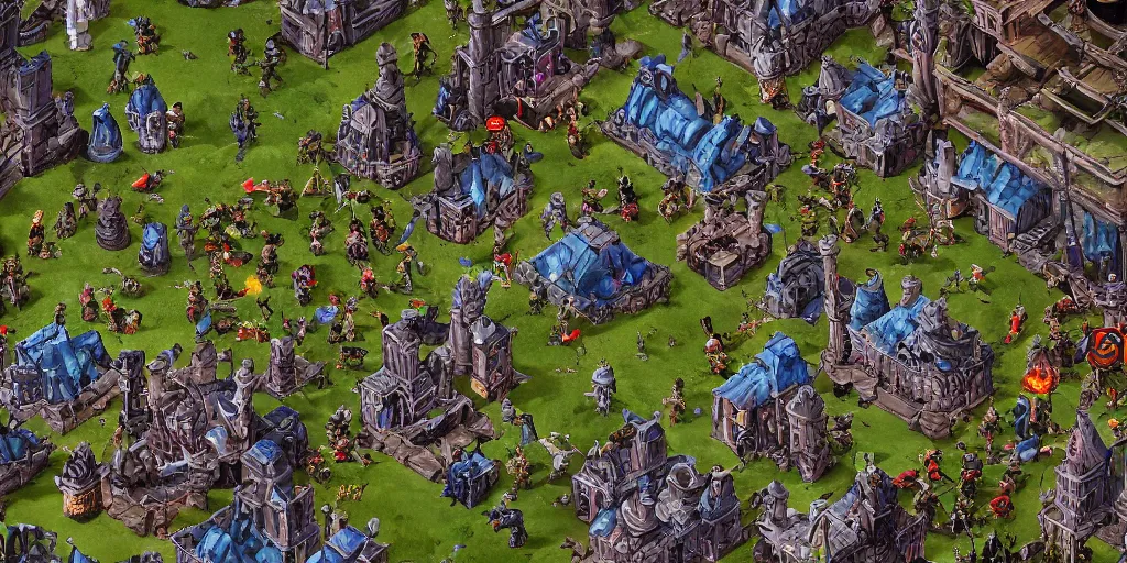 Image similar to Evil mage is standing on top of his tower, raising hands up high and leading his horde of zombies to outer lands. Isometric, high angle, big scale battle map. Highly detailed digital art, unreal engine.