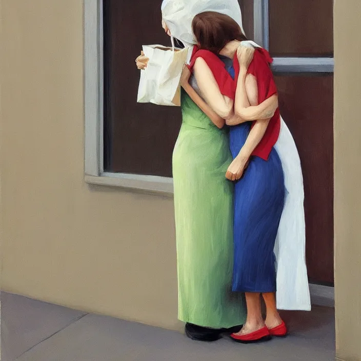 Image similar to two women hugging with a paper bag over the head dressed in plastic bags, highly detailed, artstation, art by, , edward hopper, zdislav beks