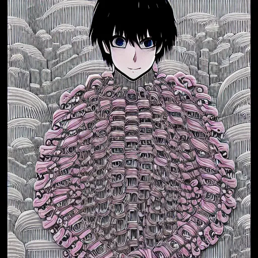 Image similar to hyper-detailed manga illustration of a human form made of pink patch cables, with a large modular synthesizer