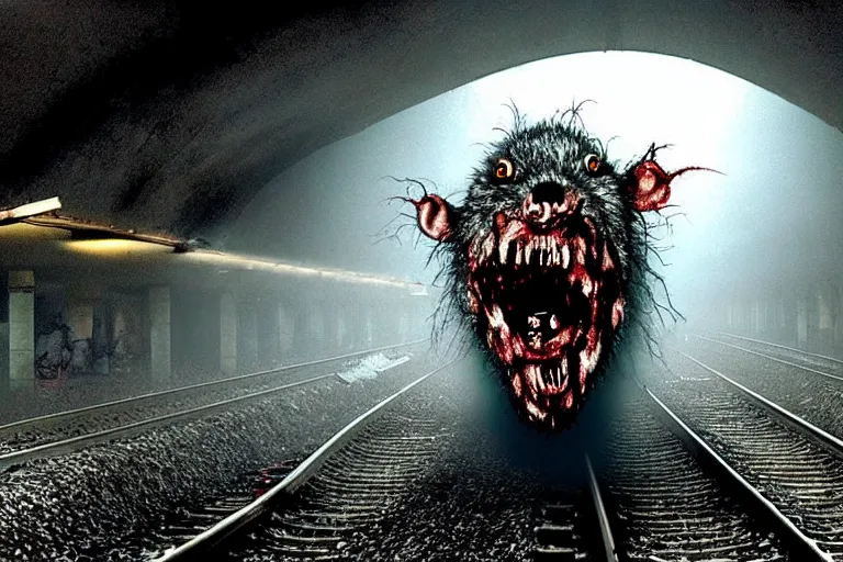 Image similar to very large giant mutant zombie irradiated ( angry rat ) staying on railways in tonnel of moscow subway. tonnel, railways, giant angry rat, furr, fangs, claws, very realistic. fog, extreme long shot, herman nitsch, giger.