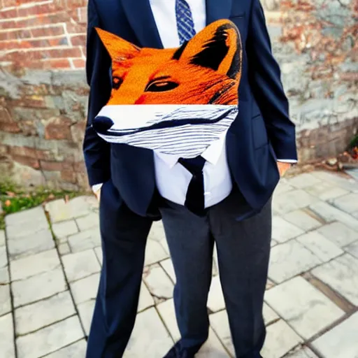 Image similar to A suit and tie with the head of a fox.