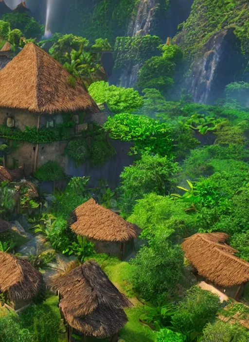 Image similar to subsurface scattering, medieval village in the middle of lush forest, from the live action film moana 4 k quality super realistic, cinematic lighting, 8 k