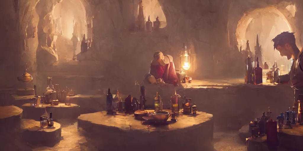 Prompt: An Alchemist inspecting his potions by Greg Rutkowski, 4k photorealistic, volumetric lighting, HD, high details, dramatic, trending on artstation